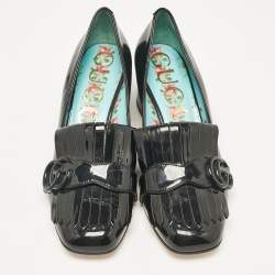 مملوكة مسبقًا Gucci Black Patent Leather Fringe Marmont GG Loafer Pumps Size 37.5
