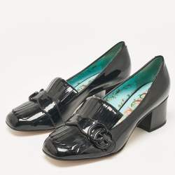 مملوكة مسبقًا Gucci Black Patent Leather Fringe Marmont GG Loafer Pumps Size 37.5