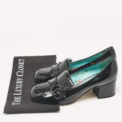 مملوكة مسبقًا Gucci Black Patent Leather Fringe Marmont GG Loafer Pumps Size 37.5