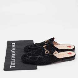 Pre Owned Gucci Black GG Velvet Princetown Horsebit Flat Mules Size 39