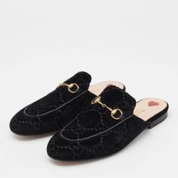 Pre Owned Gucci Black GG Velvet Princetown Horsebit Flat Mules Size 39