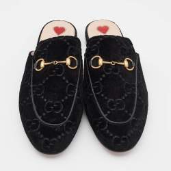 Pre Owned Gucci Black GG Velvet Princetown Horsebit Flat Mules Size 39