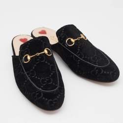 Pre Owned Gucci Black GG Velvet Princetown Horsebit Flat Mules Size 39