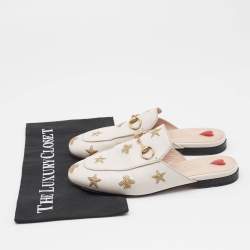 Gucci Cream Leather Bee and Star Embroidered Princetown Mules Size 36