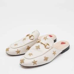 Gucci Cream Leather Bee and Star Embroidered Princetown Mules Size 36