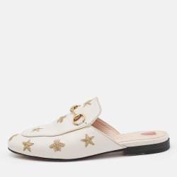 Gucci Cream Leather Bee and Star Embroidered Princetown Mules Size 36
