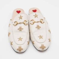 Gucci Cream Leather Bee and Star Embroidered Princetown Mules Size 36