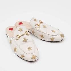 Gucci Cream Leather Bee and Star Embroidered Princetown Mules Size 36