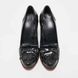 مملوكة مسبقًا حذاء كعب عالي غوتشي نعل فرينج هورسبيت جلد لامع أسود مقاس 37