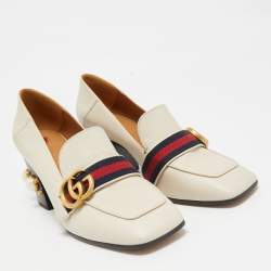 Pre Owned Gucci Cream Leather Peyton GG Sylvie Pearl Studded Loafer Pumps Size 37.5