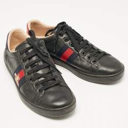 Gucci Black Leather and Sneak Embellished  Ace Web Lace Up Sneakers Size 37
