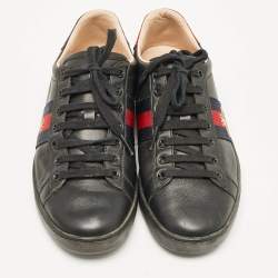 Gucci Black Leather and Sneak Embellished  Ace Web Lace Up Sneakers Size 37