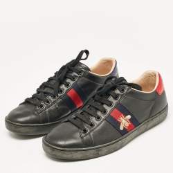 Gucci Black Leather and Sneak Embellished  Ace Web Lace Up Sneakers Size 37