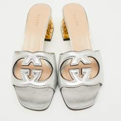Gucci Silver Leather Cut Out Interlocking G Slide Sandals Size 39.5