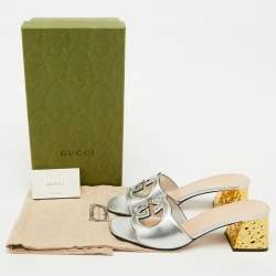 Gucci Silver Leather Cut Out Interlocking G Slide Sandals Size 39.5