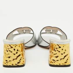 Gucci Silver Leather Cut Out Interlocking G Slide Sandals Size 39.5