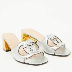 Gucci Silver Leather Cut Out Interlocking G Slide Sandals Size 39.5