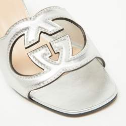 Gucci Silver Leather Cut Out Interlocking G Slide Sandals Size 39.5