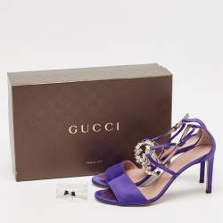 Pre Owned Gucci Purple Satin Crystal Embellished Interlocking G Ankle Strap Sandals Size 38