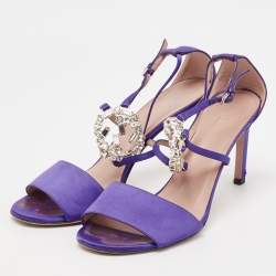 Pre Owned Gucci Purple Satin Crystal Embellished Interlocking G Ankle Strap Sandals Size 38