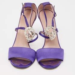 Pre Owned Gucci Purple Satin Crystal Embellished Interlocking G Ankle Strap Sandals Size 38