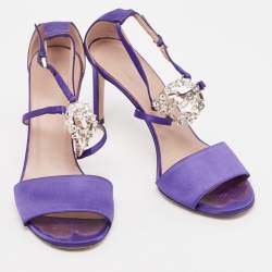 Pre Owned Gucci Purple Satin Crystal Embellished Interlocking G Ankle Strap Sandals Size 38