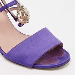 Pre Owned Gucci Purple Satin Crystal Embellished Interlocking G Ankle Strap Sandals Size 38