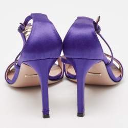 Pre Owned Gucci Purple Satin Crystal Embellished Interlocking G Ankle Strap Sandals Size 38