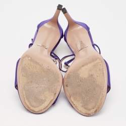 Pre Owned Gucci Purple Satin Crystal Embellished Interlocking G Ankle Strap Sandals Size 38