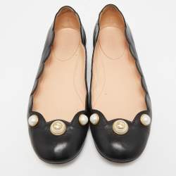 Gucci Black Scalloped Leather Interlocking G Faux Pearl Ballet Flats Size 37.5