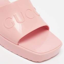 Gucci Pink Rubber Logo Embossed Platform Slide Sandals Size 38