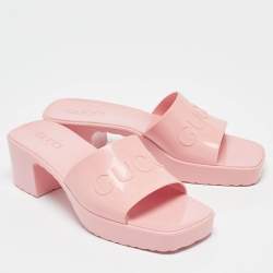 Gucci Pink Rubber Logo Embossed Platform Slide Sandals Size 38