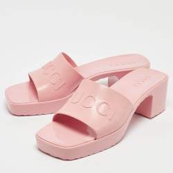 Gucci Pink Rubber Logo Embossed Platform Slide Sandals Size 38