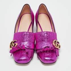 Gucci Metallic Pink Leather GG Marmont Block Heel Pumps Size 35