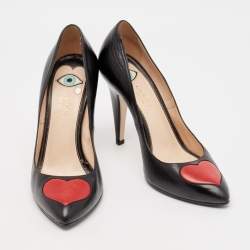 Pre Owned Gucci Black/Red Leather Molina Heart Pumps Size 38