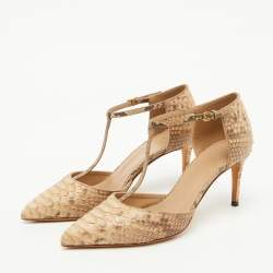 Gucci Beige/Brown Python Pointed Toe T-Strap Pumps Size 36.5