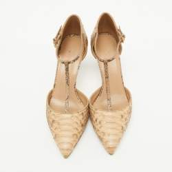 Gucci Beige/Brown Python Pointed Toe T-Strap Pumps Size 36.5