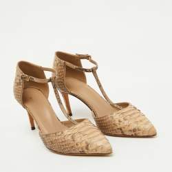 Gucci Beige/Brown Python Pointed Toe T-Strap Pumps Size 36.5