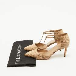 Gucci Beige/Brown Python Pointed Toe T-Strap Pumps Size 36.5