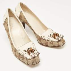 Gucci Brown/Cream Monogram Canvas and Leather Loafer Pumps Size 36.5