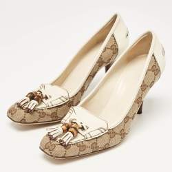 Gucci Brown/Cream Monogram Canvas and Leather Loafer Pumps Size 36.5