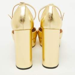 Gucci Gold Leather Double G Crystal Platform Block Heel Ankle Strap Sandals Size 39