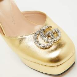 Gucci Gold Leather Double G Crystal Platform Block Heel Ankle Strap Sandals Size 39