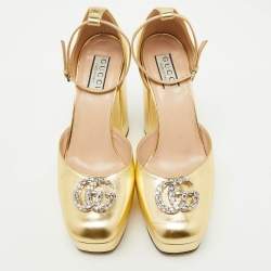 Gucci Gold Leather Double G Crystal Platform Block Heel Ankle Strap Sandals Size 39