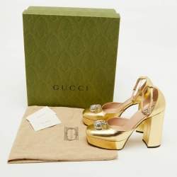 Gucci Gold Leather Double G Crystal Platform Block Heel Ankle Strap Sandals Size 39