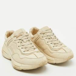 Pre Owned Gucci Cream Leather Rhyton Lace Up Sneakers Size 38