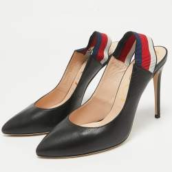 Gucci Black Leather Sylvie Web Detail Slingback Pumps Size 39.5