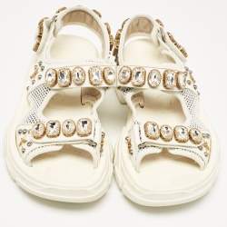 Gucci Off White Leather and Mesh Crystal Embellished Aguru Sandals Size 39