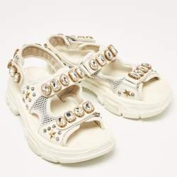 Gucci Off White Leather and Mesh Crystal Embellished Aguru Sandals Size 39
