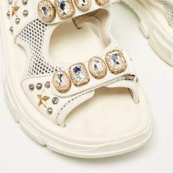 Gucci Off White Leather and Mesh Crystal Embellished Aguru Sandals Size 39